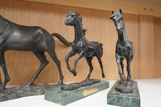 Osborne, three bronze models of horses, Darley Arabian and Byerley Turk, another similar model plus a spelter model of a horse (4). Tallest 25cm high. Condition - possibly with light cleaning the marks maybe removed from